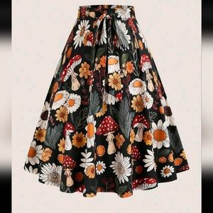 Floral A-Line Skirt with Mushroom Print